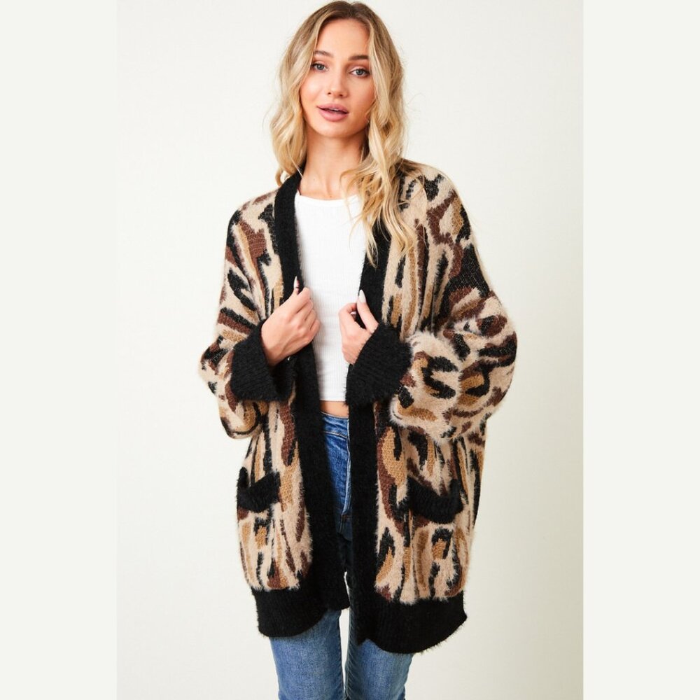 ON BLUE Fuzzy Knit Leopard Print Cardigan